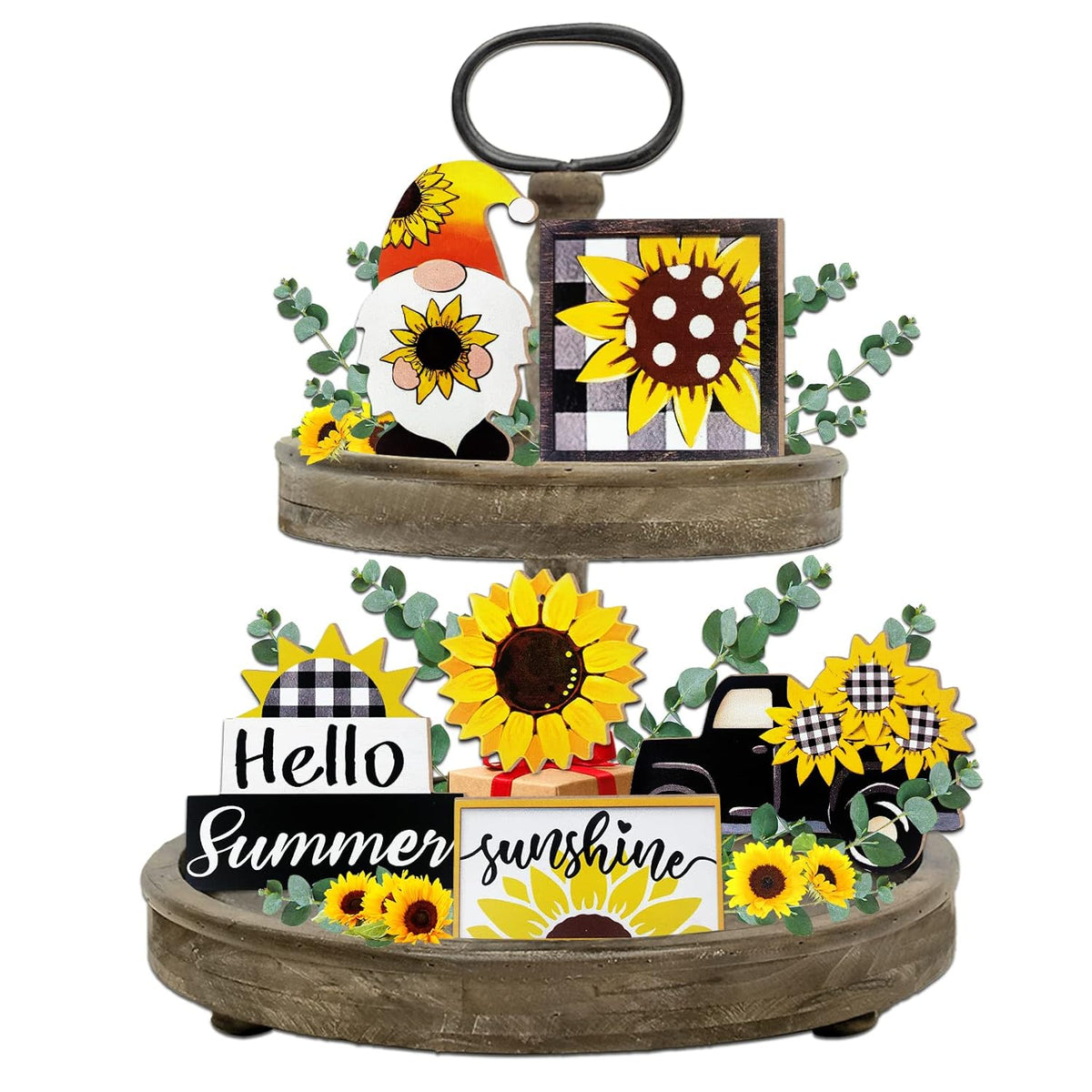 Summer Tiered Tray Decor, Farmhouse Sunflower Tray Decorations, Hello Spring Summer Sunflower Gnome Sunshine Truck Wooden Signs, Buffalo Plaid Rustic Home Decor For Table Mantel Office Party