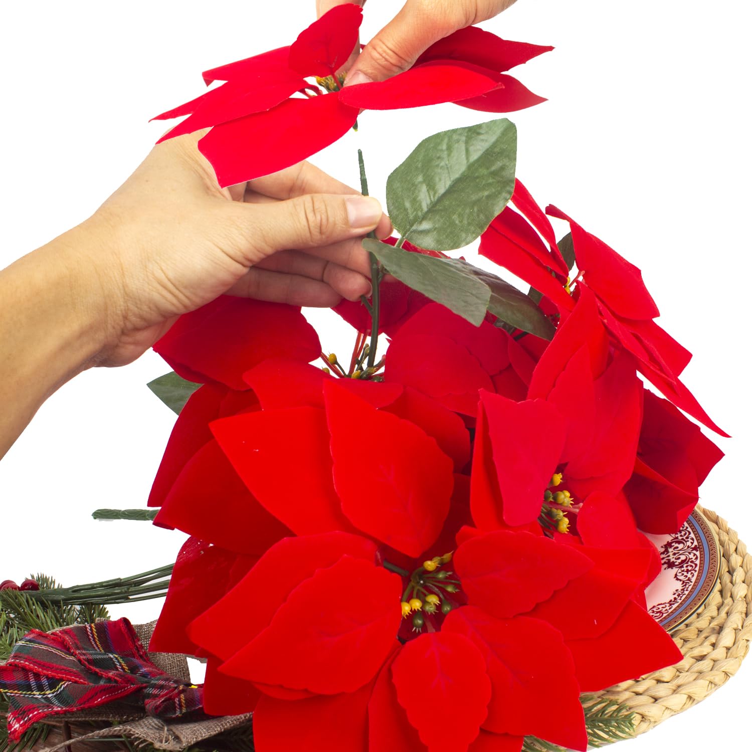 5 Artificial Poinsettia Flowers Bouquet Christmas 7 Heads 19.6”Faux Red Poinsettia Bush Fake Flowers For Home Porch Xmas Tree Garden Indoor Outdoor Office Christmas Decorations