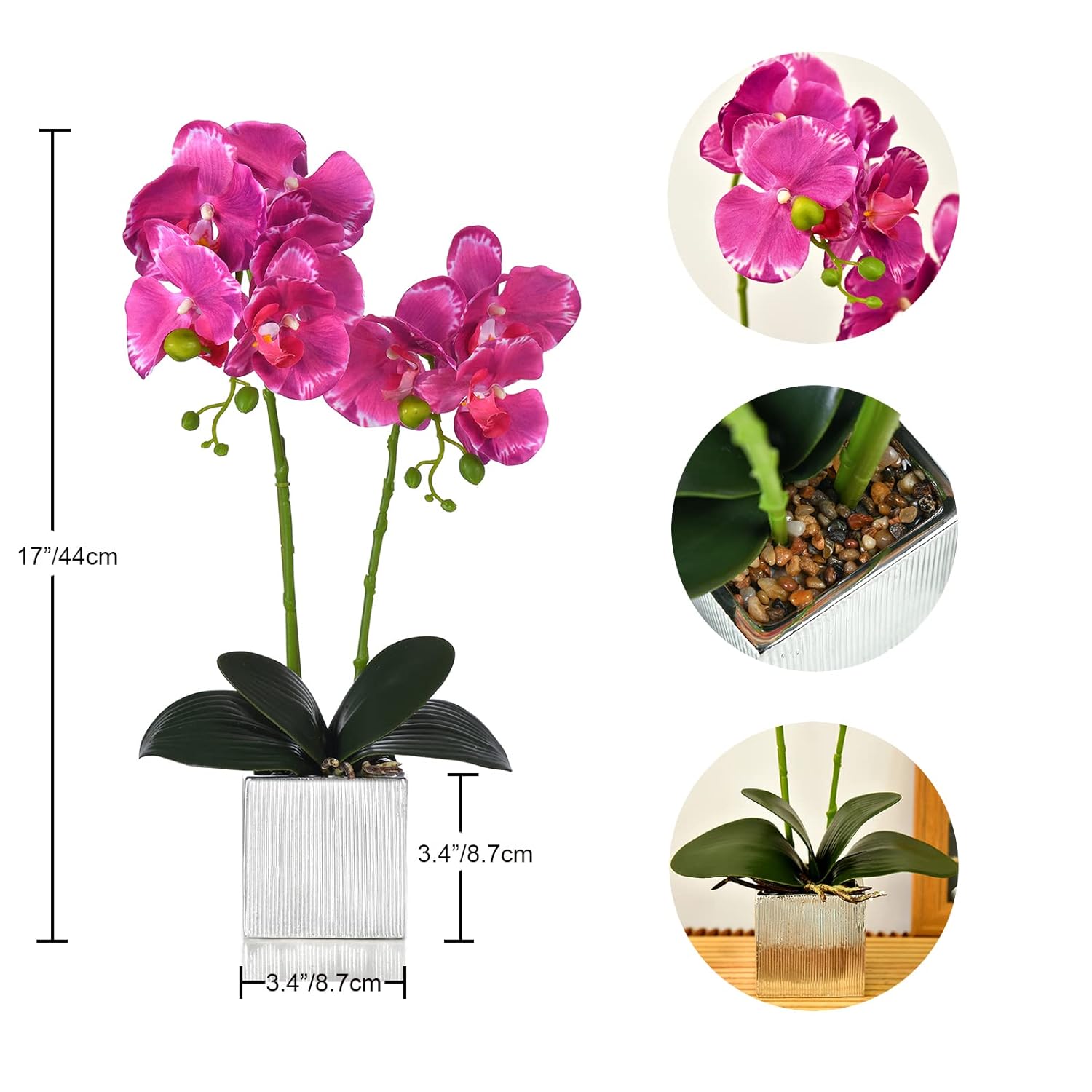 Artificial Potted Orchid Faux Phalaenopsis Silk Flowers Bonsai Realistic Arrangement In Silver Vase For Home Decoration Table Centerpiece, Purple