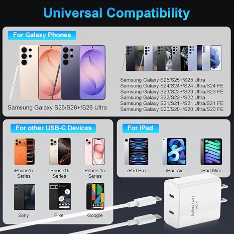 45W Dual Port USB C Fast Charger with 10FT USB C Cable for iPhone 17 16 15 iPad Samsung Galaxy S26 S25