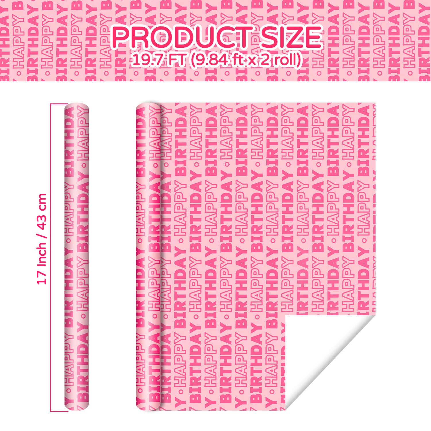 Pink Birthday Wrapping Paper Mini Roll, 17 Inch X 19.7 Feet Happy Birthday Lettering Design Gift Wrap Paper For Bday Baby Shower Holiday Christmas Party Wrapping Supplies