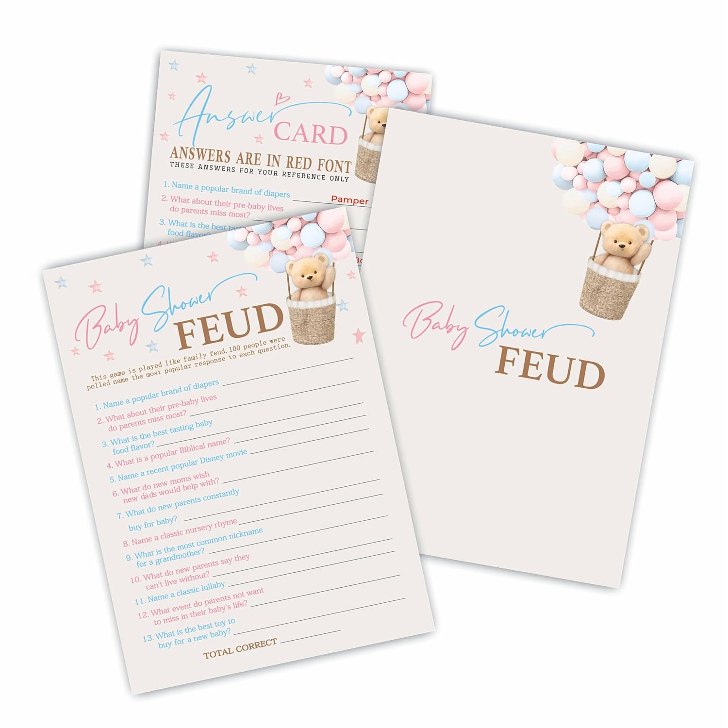 Baby Shower Feud Game Kit - Bear Hot Air Balloon Double-Sided Fill In Game Cards & 1 Answer Cards, Gender Reveal Party & Activity For Boys And Girls - Baby Shower Party Favors & Decorations-A12
