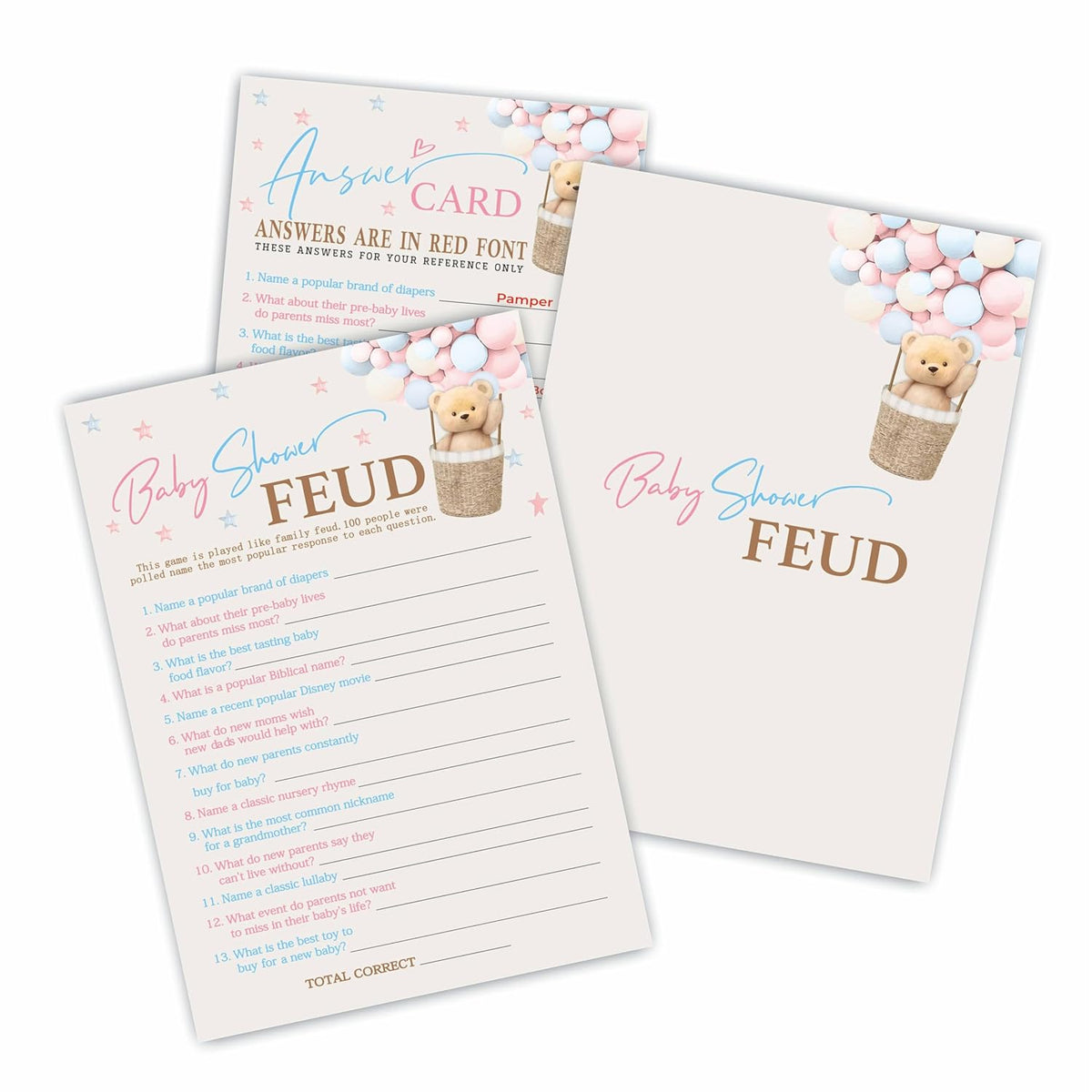 Baby Shower Feud Game Kit - Bear Hot Air Balloon Double-Sided Fill In Game Cards & 1 Answer Cards, Gender Reveal Party & Activity For Boys And Girls - Baby Shower Party Favors & Decorations-A12