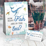 Guess How Many Fish In The Sea Mermaid Party Game ,How Many Candy Sharks Game? Watercolor Ocean Themed Baby Showers Decorations Game(1 Sign+50 Cards),Bridal Showers?Birthday, Funny Party Game