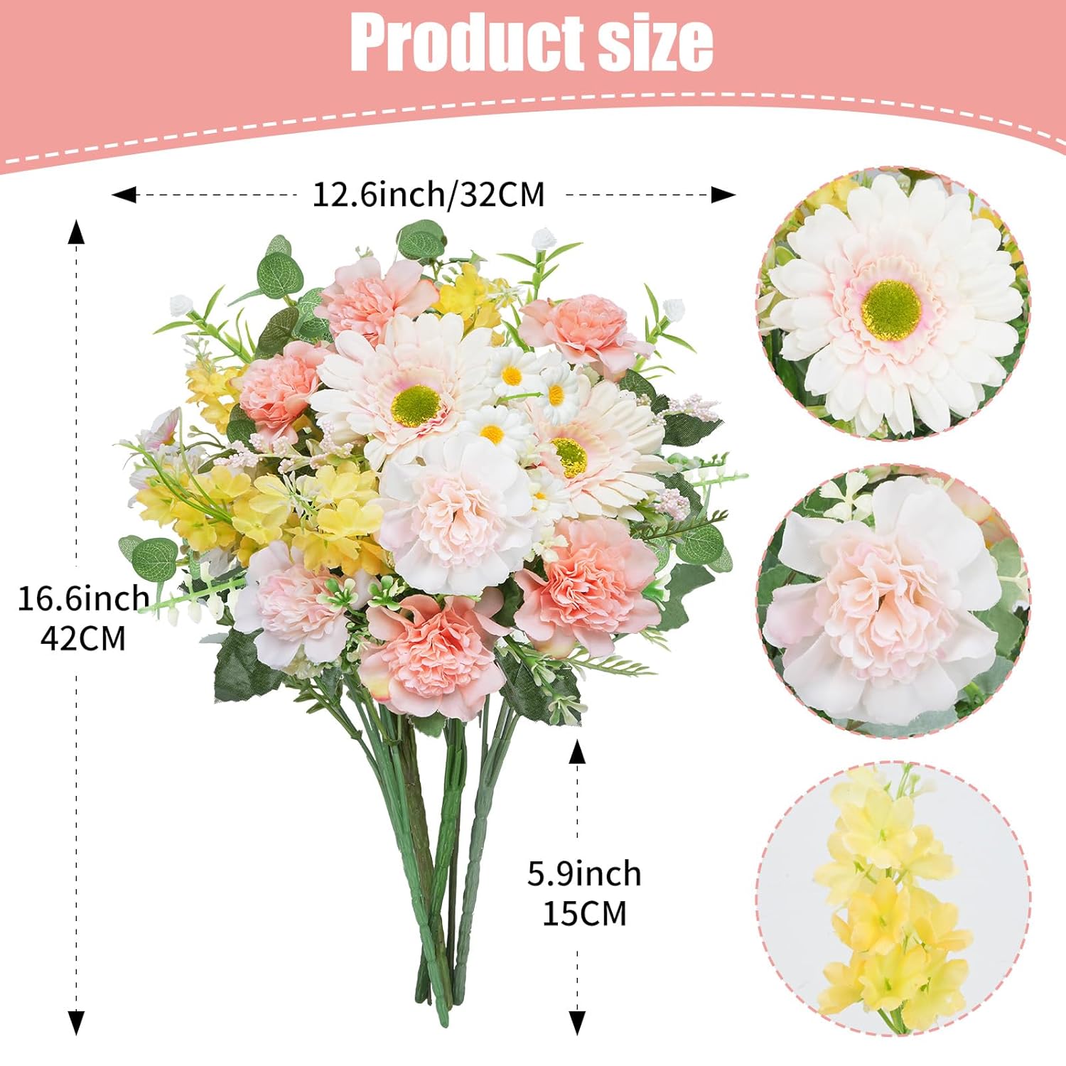 16.6’’ Silk Artificial Spring Bouquet Flowers - White & Pink Dahlia, Daisy Fake Wildflowers And Yellow Lilac, Faux Floral Arrangements For Wedding Centerpieces, Home Decor, Table Vase Cemetery