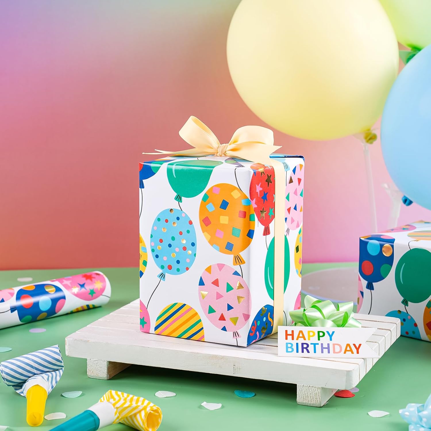 Birthday Wrapping Paper Roll - Mini Roll - 17 Inch X 16.5 Feet - Gold Foil Colorful Balloon Design Perfect For Birthday, Holiday, Party, Baby Shower