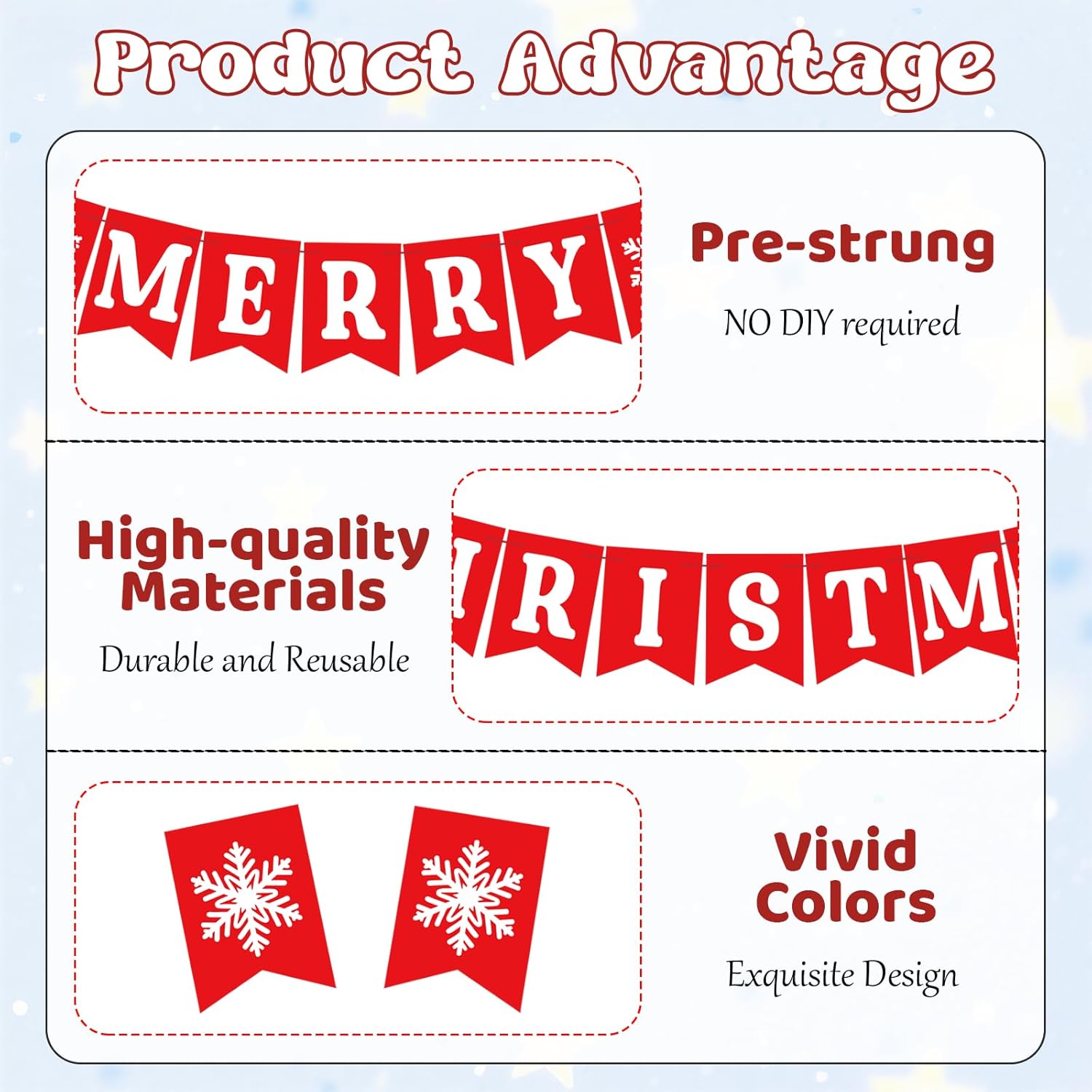 Merry Christmas Banners For Inside, Pre-Strung Fireplace Xmas Decorations, Xmas Wall Banner With Snowflake, Christmas Bunting Banner For Winter New Year Party Mantle Hanging Sign Supplies