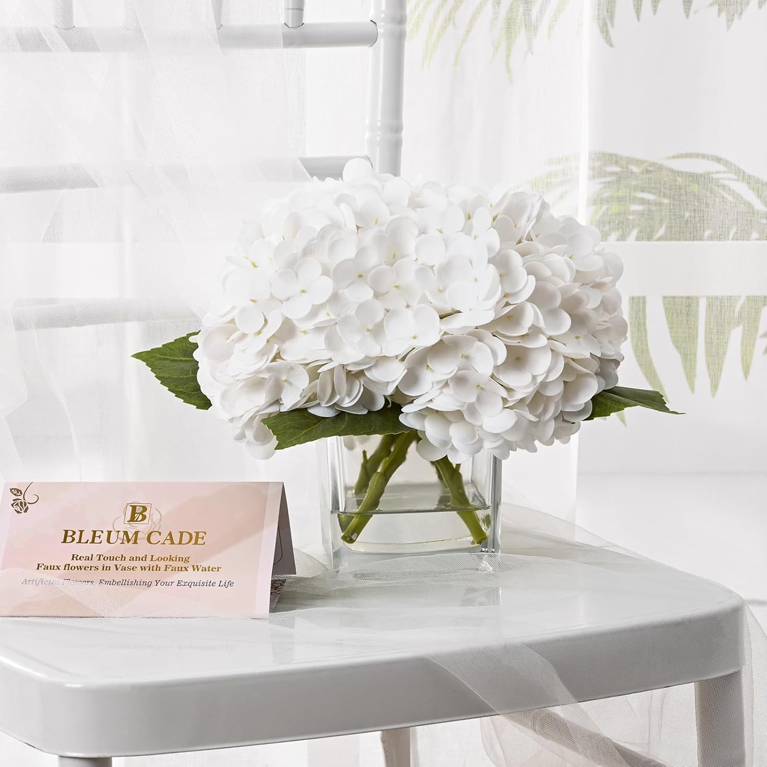Luxury Pu Fake Flowers In Vase With Faux Water, White Real Touch Hydrangea Artificial Flowers With Glass Vase For Office Home Dining Room Centerpiece Table Decorations