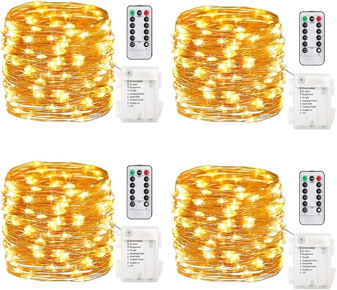 4 Pack Battery Operated Fairy Lights 16.4FT 50 LED Warm White Copper Wire String Lights with Remote Timer Waterproof for Bedroom Wedding Decor