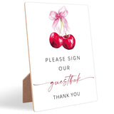 Cherry Wedding Signs For Reception, Pink Bow Please Sign Our Guestbook, Berry Wooden Wedding Signs With Stand, Pink Bow Bridal Shower Decoration, Bridal Shower Party Supplies For Reception, 14