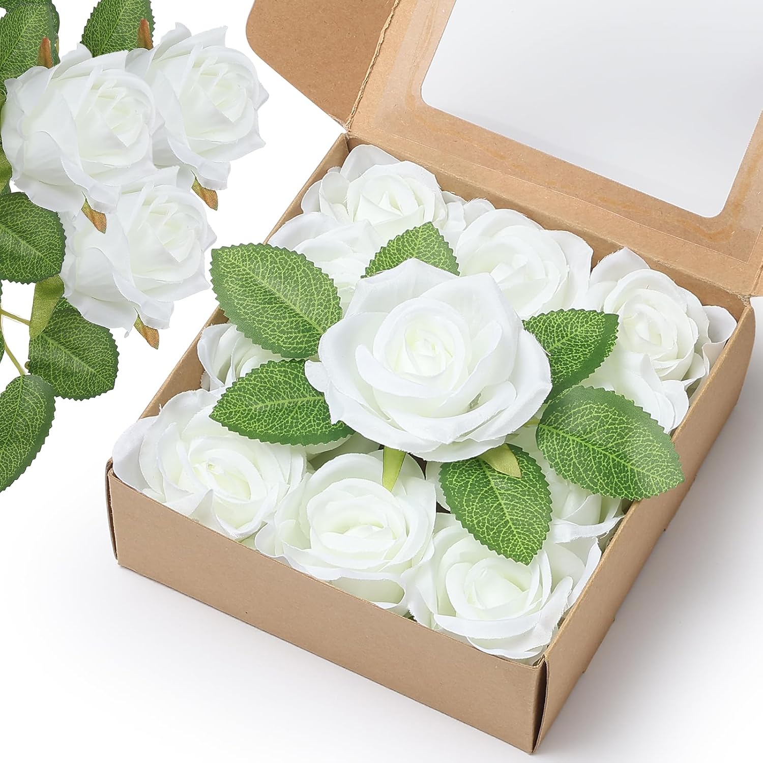 Artificial Flowers 24 Item Artificial Silk Flowers With Stems Realistic Roses Bouquet For Diy Wedding Bouquets Valentines Day Decorations Home Wedding Decoration 12 Rose With 12 Green Leaves (White)