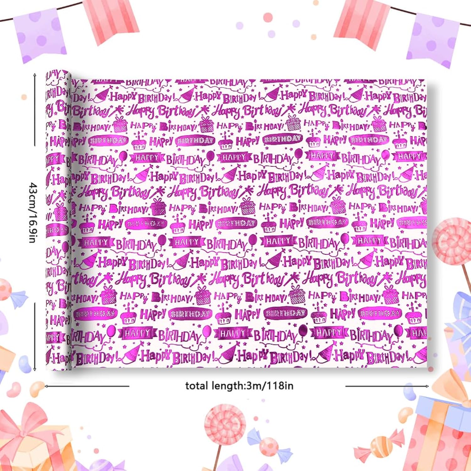 Happy Birthday Wrapping Paper Roll, Purple Luxury Metallic Cake Gift Balloon Birthday Gift Wrap Papers For Birthday, Holiday, Baby Shower, Kids, Women, Girls, Mini Rolls 17X120 Inch