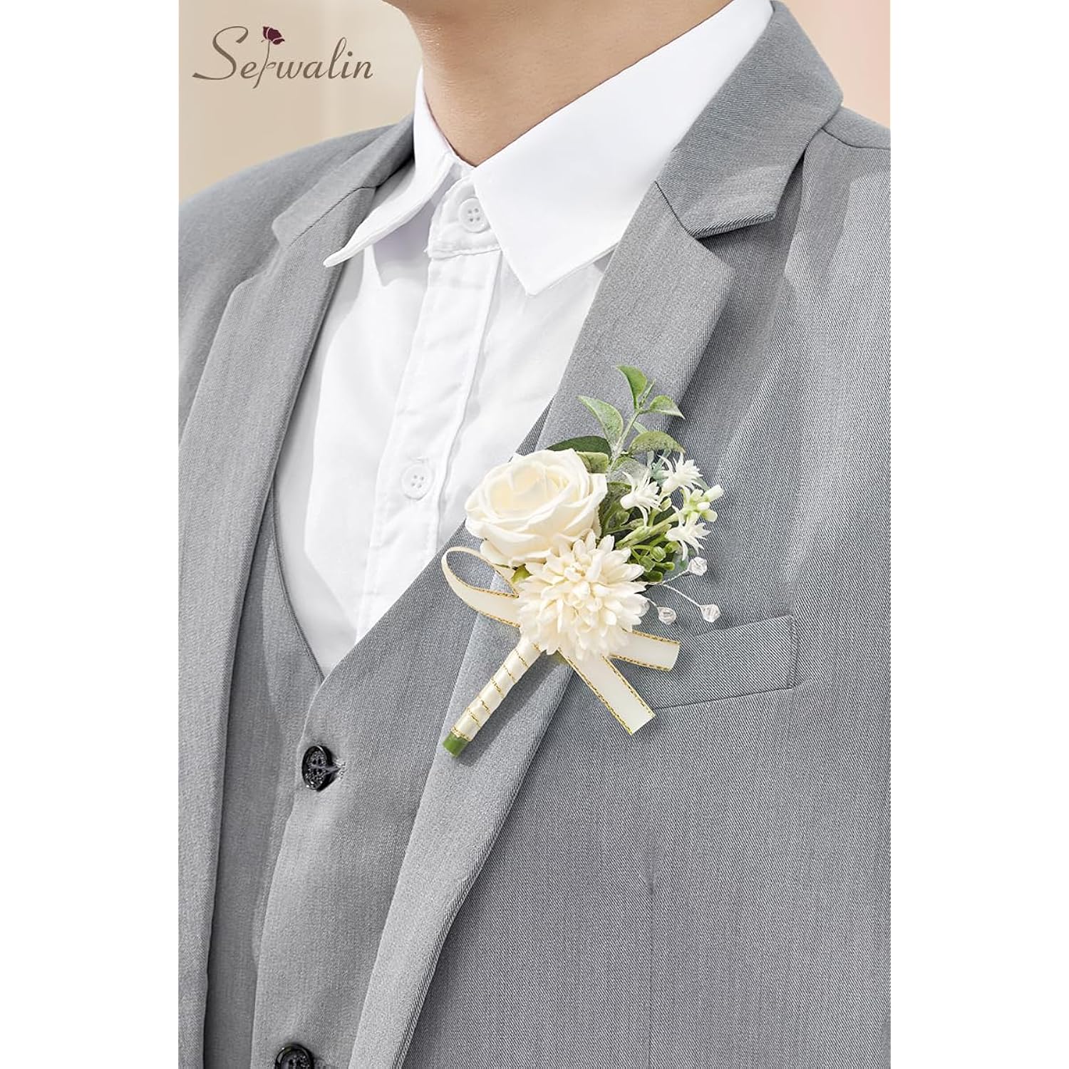 2 Pcs White Boutonniere For Men, Groom Groomsmen Best Man Guest Boutonnieres, Artificial Flowers Silk Rose For Wedding Prom Ceremony Anniversary Party Homecoming