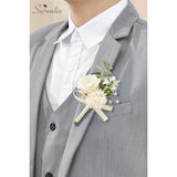 2 Pcs White Boutonniere For Men, Groom Groomsmen Best Man Guest Boutonnieres, Artificial Flowers Silk Rose For Wedding Prom Ceremony Anniversary Party Homecoming