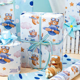 Baby Boy Wrapping Paper Roll - Adorable Blue Pilot Bear Design, Reversible Gift Wrap For Boy Birthday, Boys Baby Shower, Gender Reveal - Stars, Dots, Airplane And Parachute - 17 Inch X 33 Feet