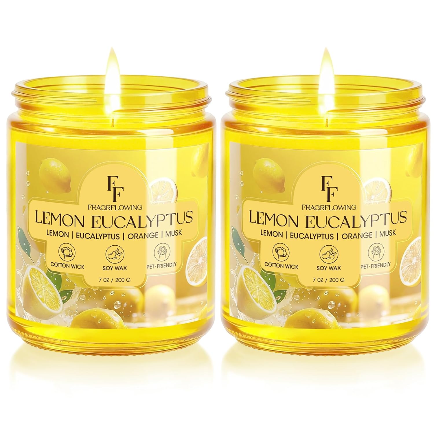 Lemon Eucalyptus Scented Candle, Natural Soy Wax Jar Candle For Home Scented, 100-Hour Burn Time Gifts For Women Men, 7 Oz (2 Pack)