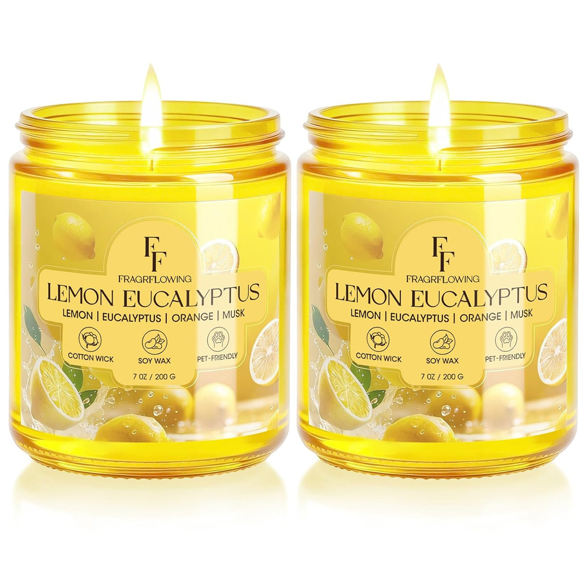 Lemon Eucalyptus Scented Candle, Natural Soy Wax Jar Candle For Home Scented, 100-Hour Burn Time Gifts For Women Men, 7 Oz (2 Pack)