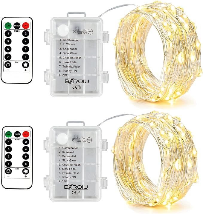 2 Pack Battery Operated Fairy Lights 16.4FT 50 LED Warm White String Lights with Remote Timer 8 Modes