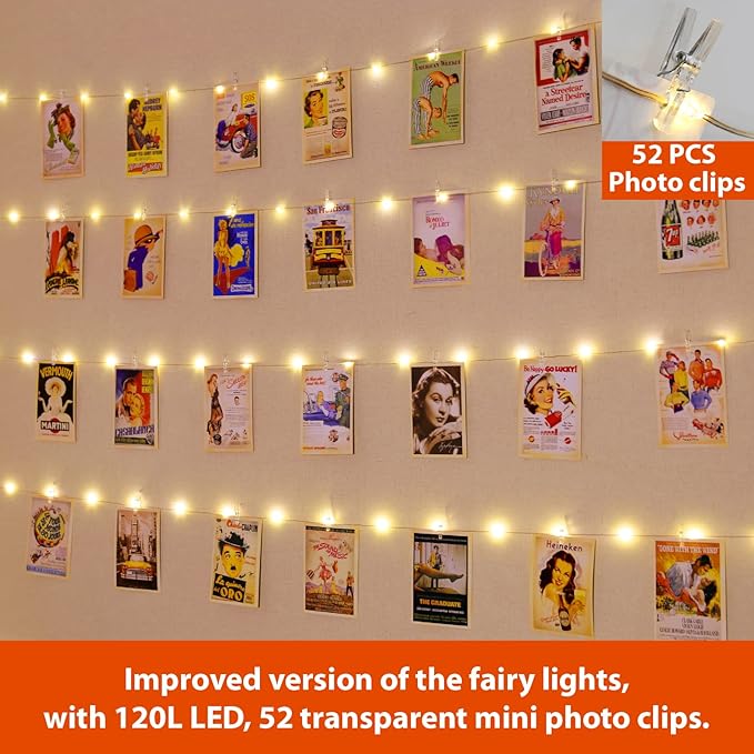 40FT Photo Clip Fairy Lights 120 LED Warm White String Lights with 52 Clear Clips 12 Hooks USB Powered 8 Modes Timer for Bedroom Wedding Party Decor