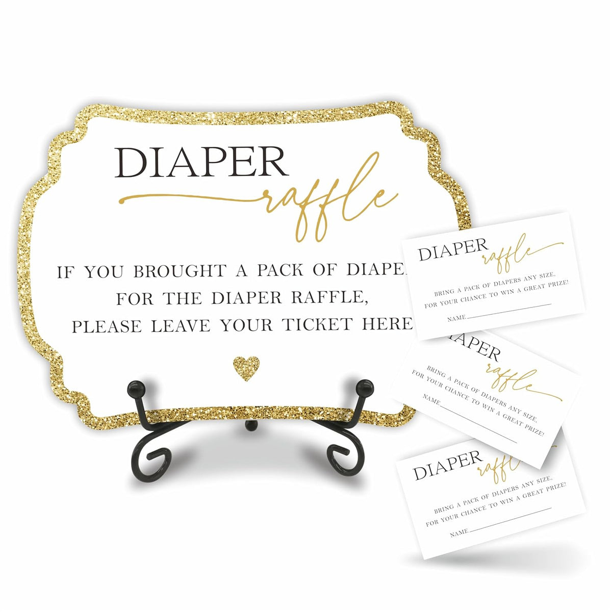 Golden Diaper Party Game Set, 50 Pcs Diaper Raffle Tickets, 1 Wooden Sign & 1 Iron Stand, Gender Neutral Baby Shower Game Kit For Boys & Girl, Newborn Baby, Party Favor & Supplies - A01