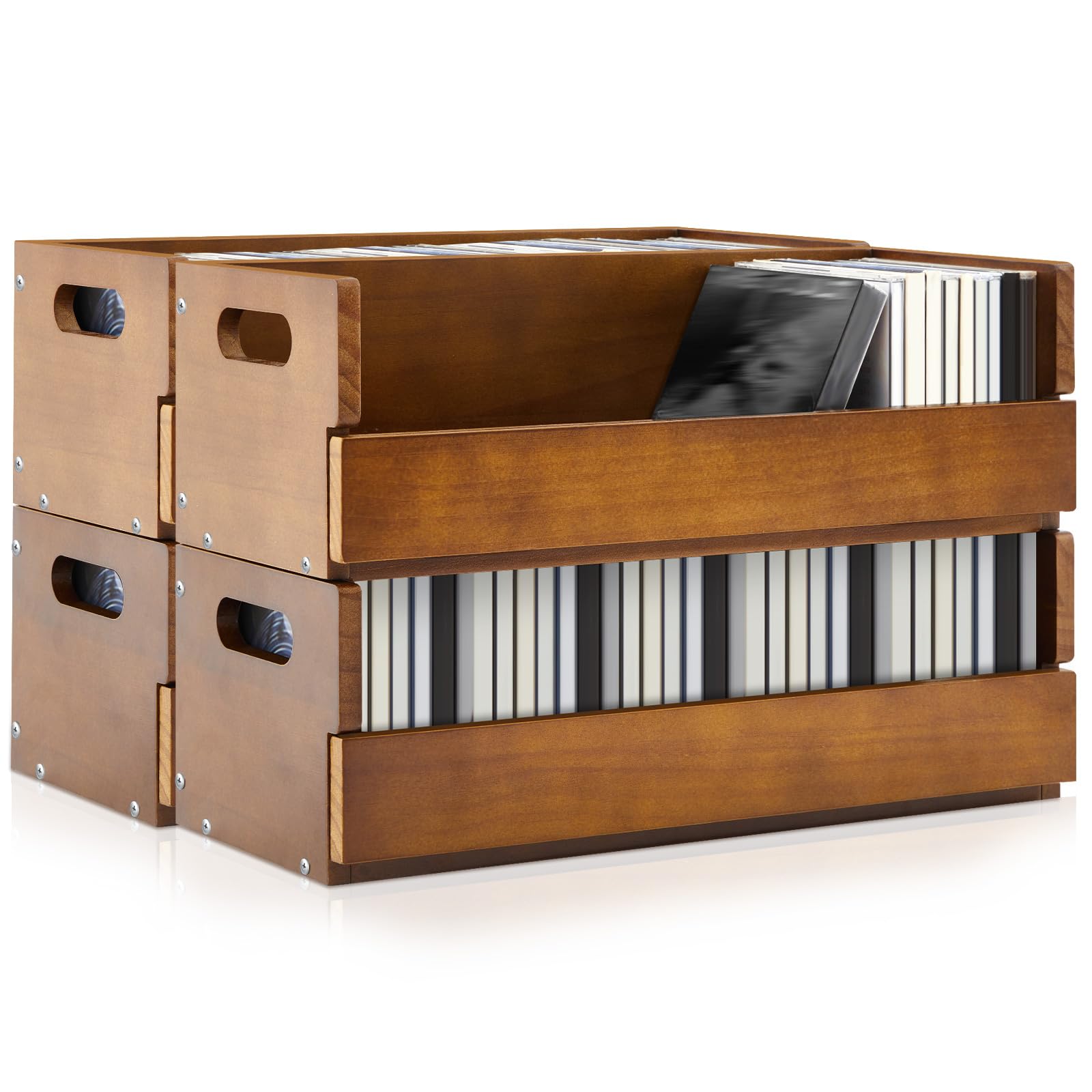 4 Set Wooden CD Storage Box Holder Shelf Cassette Tape Display Racks with Carrying Handles, Organizer Shelf for Movie Cases, DVDs, Each Set Can Store