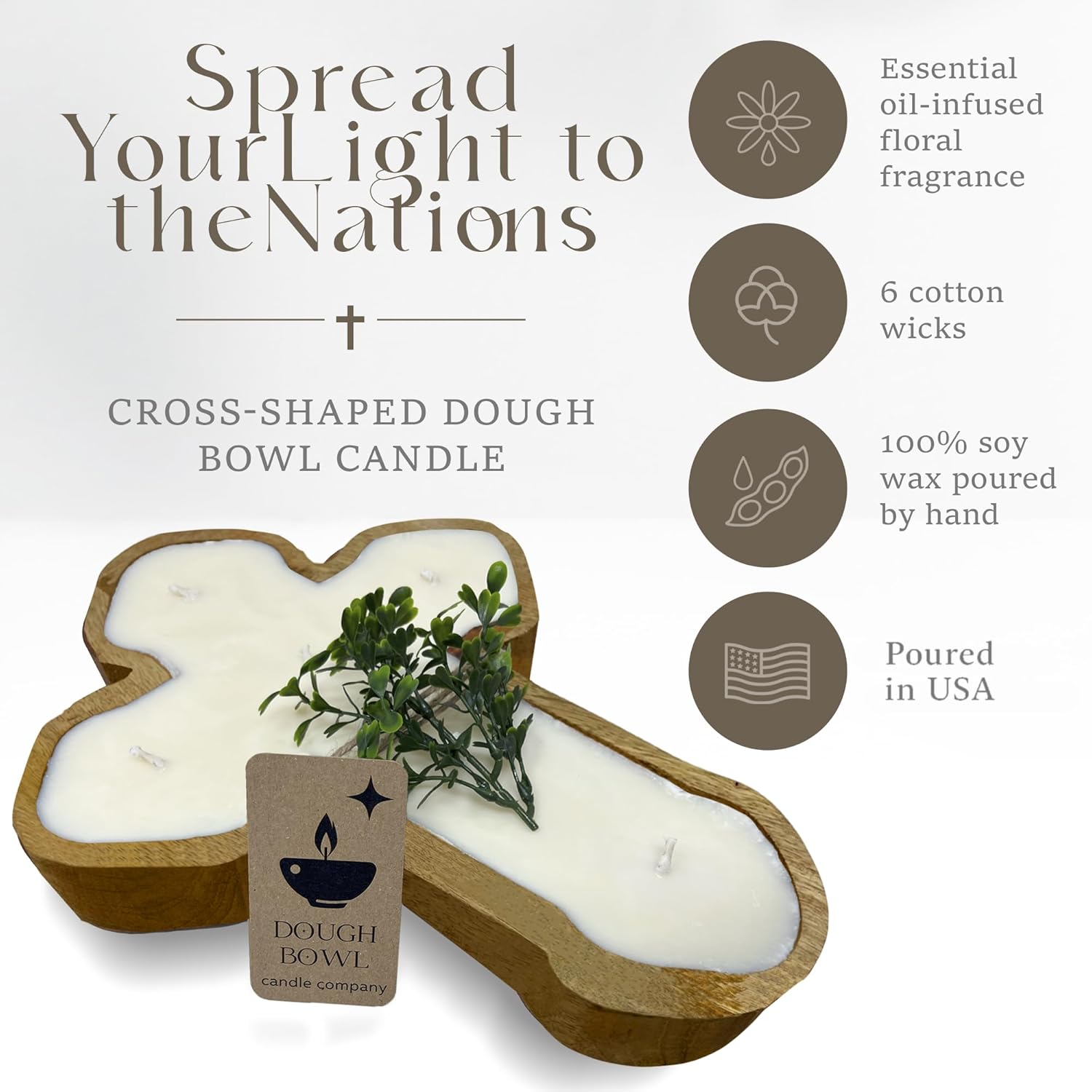 Dough Bowl Candle Co. Prayer Candle - 14" X 10" X 2" 6 Wick Religious Candles, Spiritual Prayer Bowl With 100% Soy Wax, Long Lasting, Fragrant Scented Wooden Cross For Altar Supplies