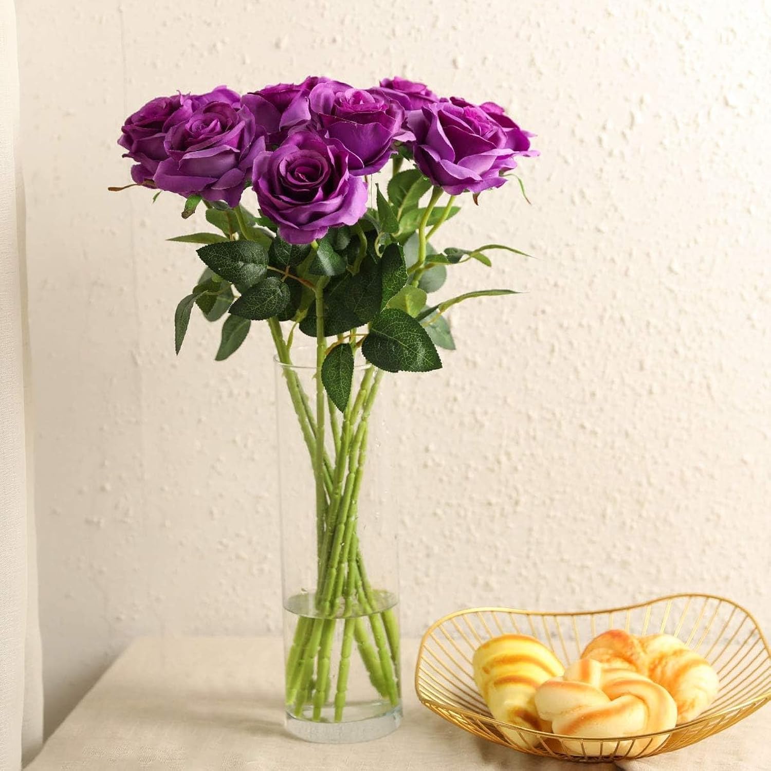 Purple Fake Roses Artificial Flowers - 10 Pcs Fake Artificial Roses Silk Flowers With Stems For Home Wedding Hotel Office Centerpiece Decor
