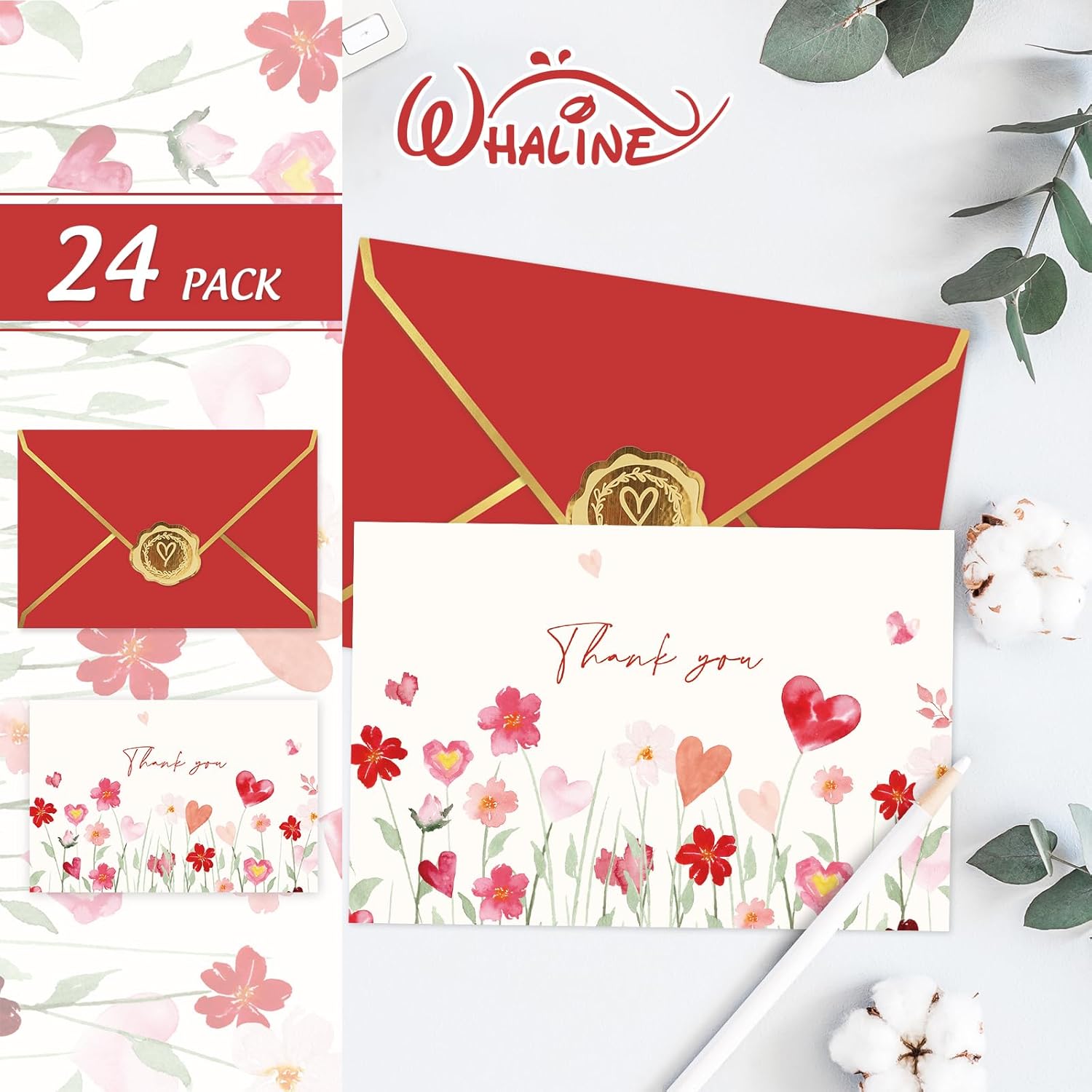 24 Pack Valentine'S Day Thank You Cards With Envelope Stickers Watercolor Floral Heart Greeting Cards Red Pink Flower Blank Note Card For Wedding Bridal Shower, 4 X 6 Inch