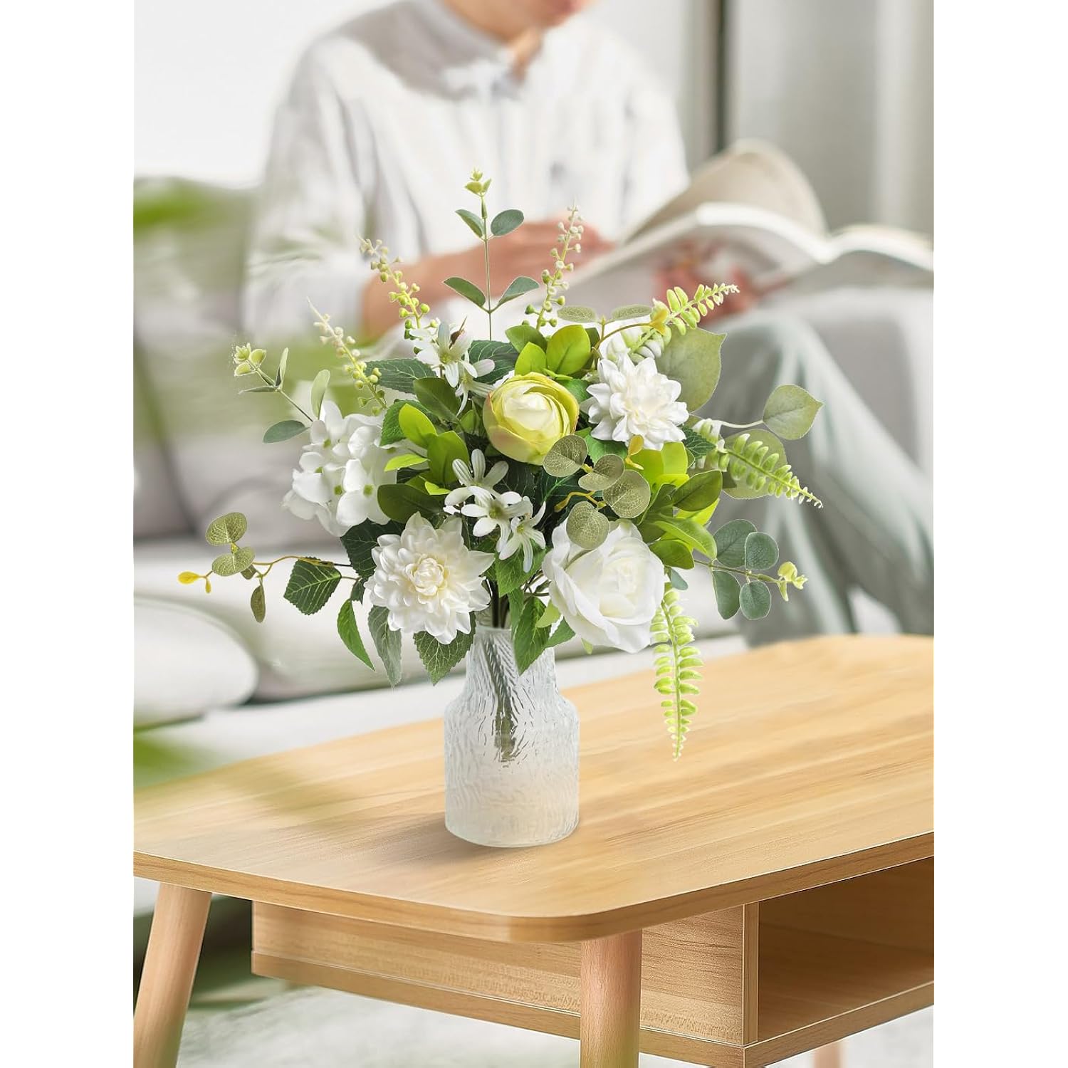 Fake Flowers With Vase,Artificial Silk Roses In Vase,Table Centerpieces For Dining Room, Silk Faux Flower Arrangements For Home, Living Room Bathroom Plant Decor,Table Decorations