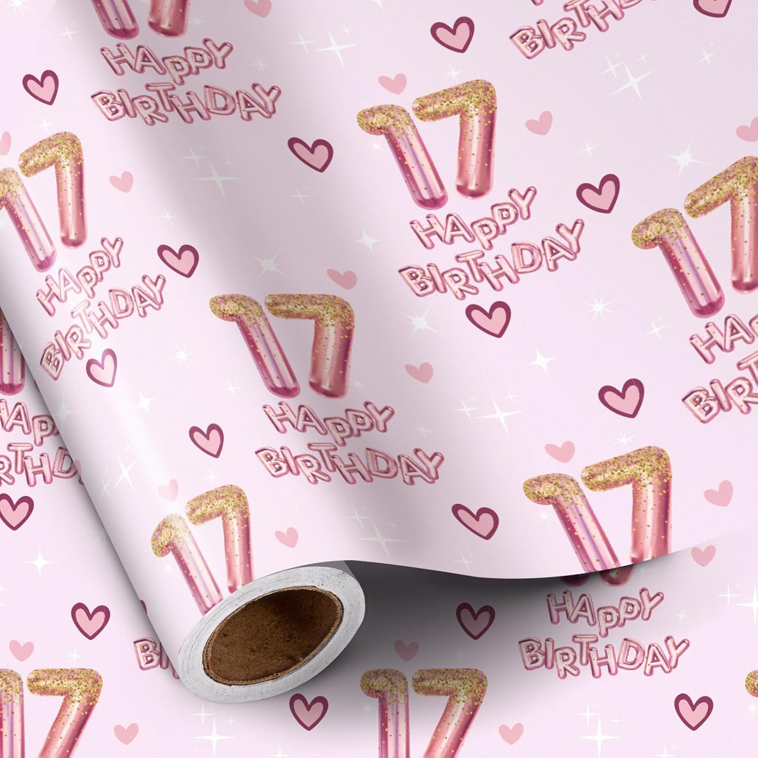 17Th Wrapping Paper Birthday Girl, Hearts And Pink Number 17 Balloons Happy Birthday Design, 17 Years Old, Mini Roll, 17 Inches X 16.4 Feet, Perfect For Girls' Birthday Party Gifts