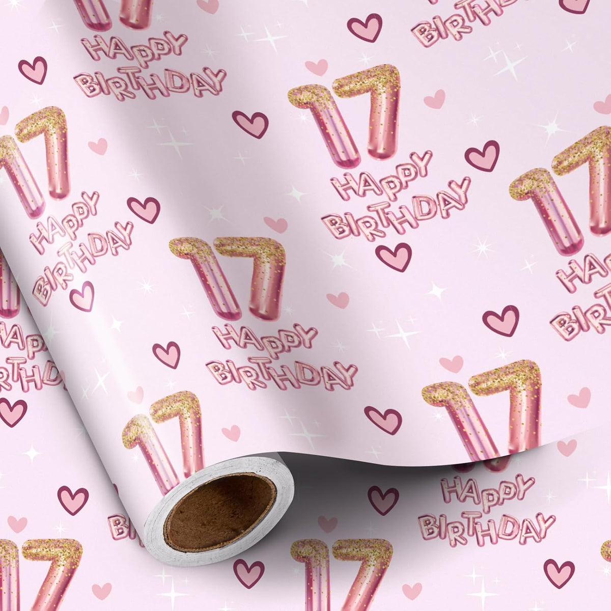 17Th Wrapping Paper Birthday Girl, Hearts And Pink Number 17 Balloons Happy Birthday Design, 17 Years Old, Mini Roll, 17 Inches X 16.4 Feet, Perfect For Girls' Birthday Party Gifts