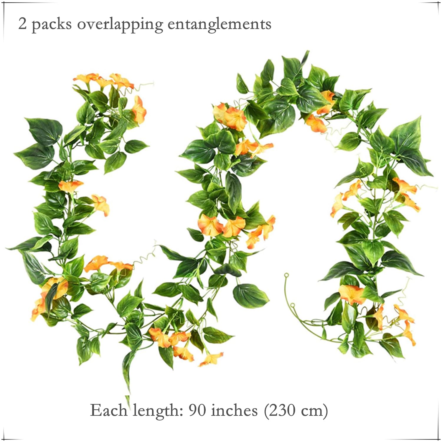 Fake Morning Glory Hanging Plants, Artificial Vines Silk Flowers Faux Ivy Plastic Greenery Garland Plant For Home Garden Yard Wall Fence Stairway Wedding Party Basket Diy Decoration Orange 2 Pack