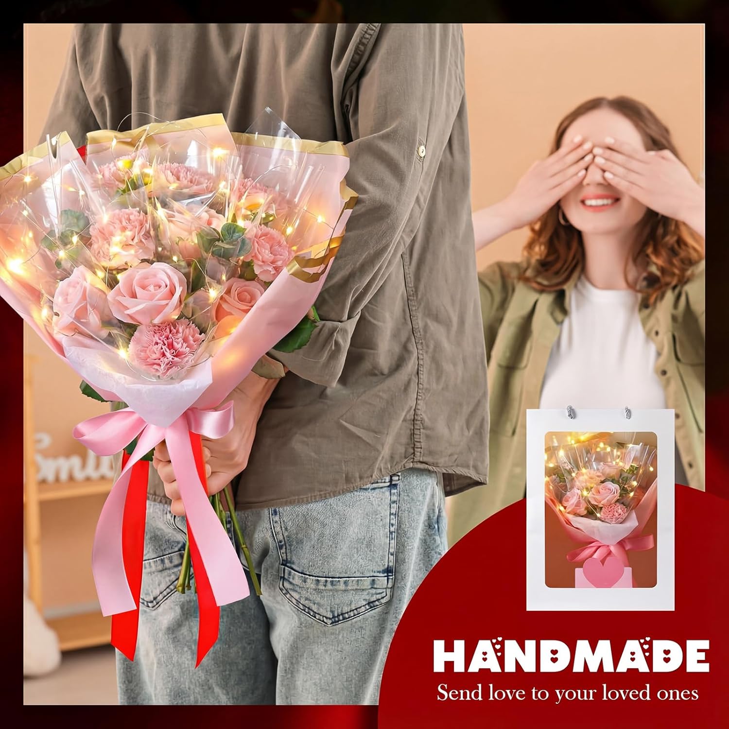Valentine'S Day Flower Bouquet Kit Rose Bouquet For Gift Artificial Flower Bouquets With Bag For Valentine'S Day Birthday Party Anniversary(Pink)