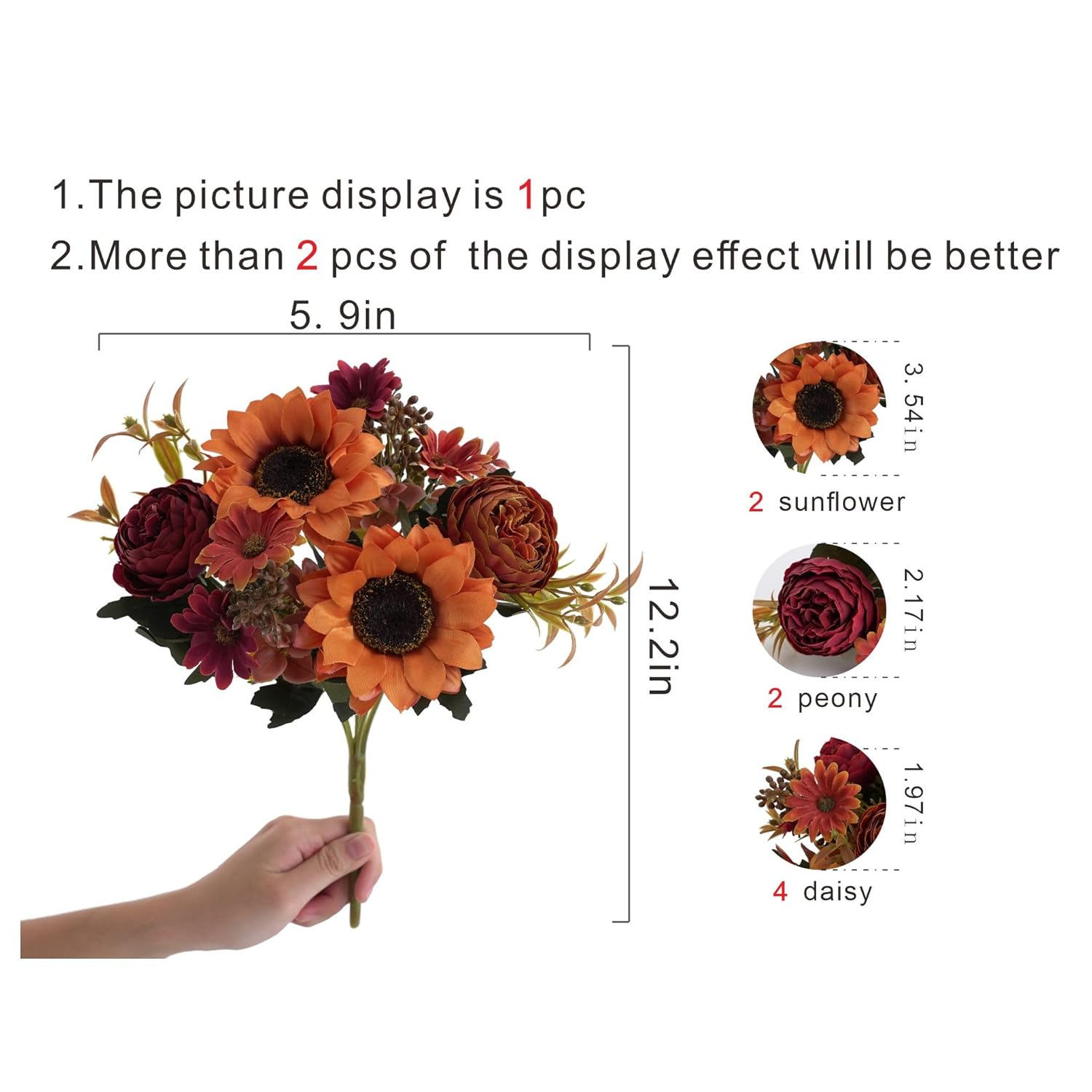 2 Bunches Artificial Fall Sunflowers Flowers, Fake Silk Fall Flowers Decorations For Dining Room, Kitchen, Office, Thanksgiving, Farmhouse, Harvest Decor