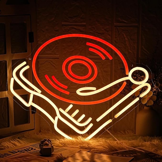 Record Player Neon Sign Retro Red Warm LED Music Wall Light for Studio Bedroom Bar Decor