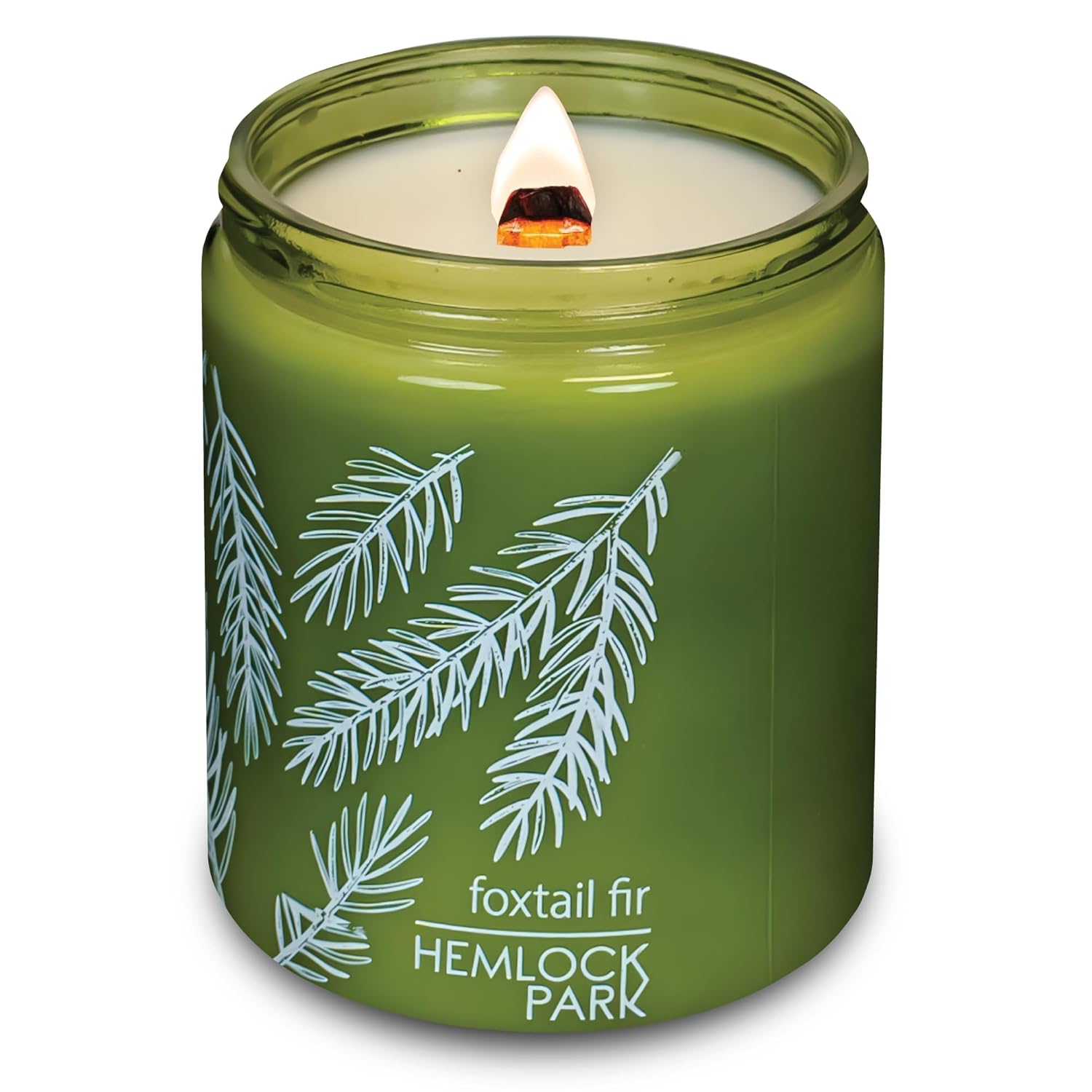 Green Glass Wood Wick Candle Handcrafted With Natural Coconut Wax (Standard 8 Oz, Foxtail Fir)