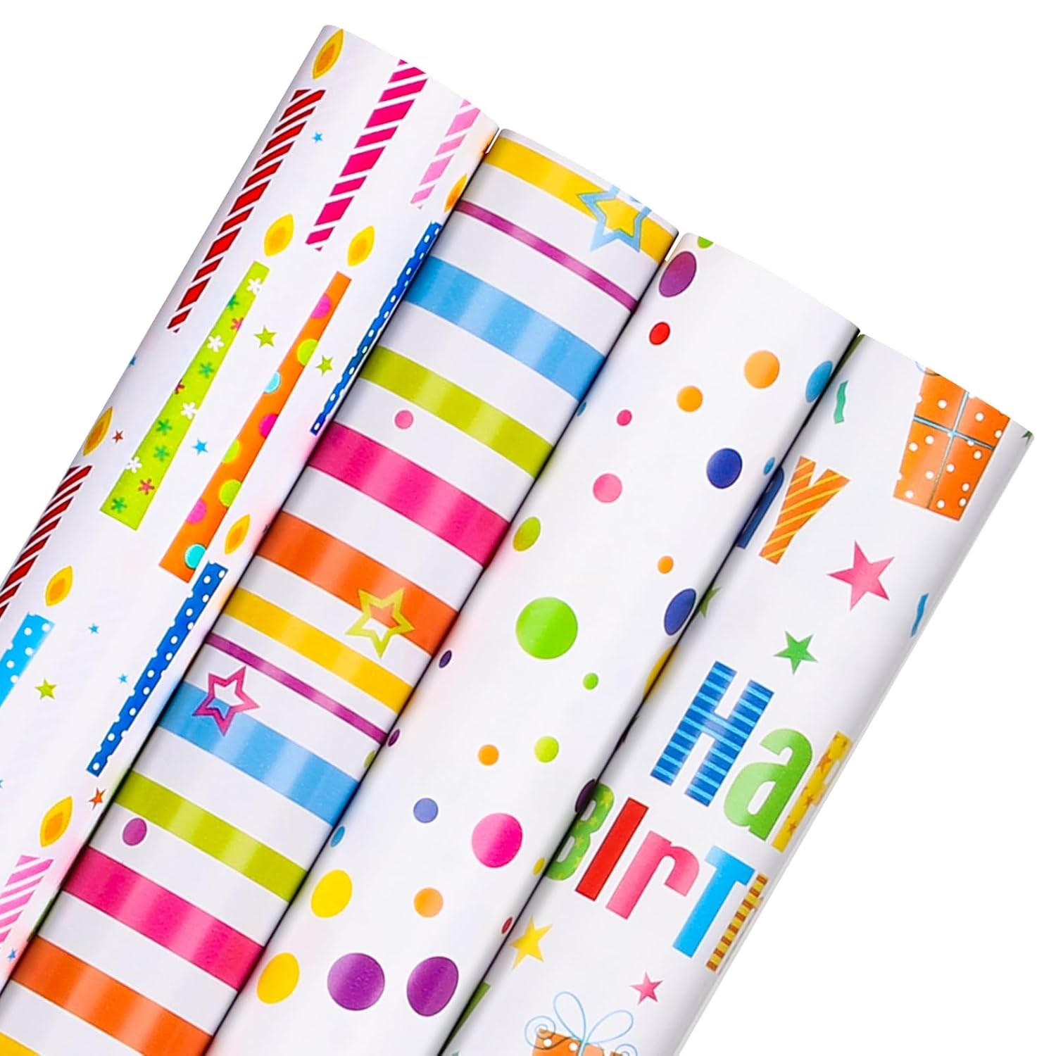 Birthday Wrapping Paper Rolls Colorful Gift Wrapping Paper With Happy Birthday Lettering Candles Polka Dots Stripes Design For Party Baby Shower - 4 Rolls - 17 In X 120 In(10Ft) Per Roll