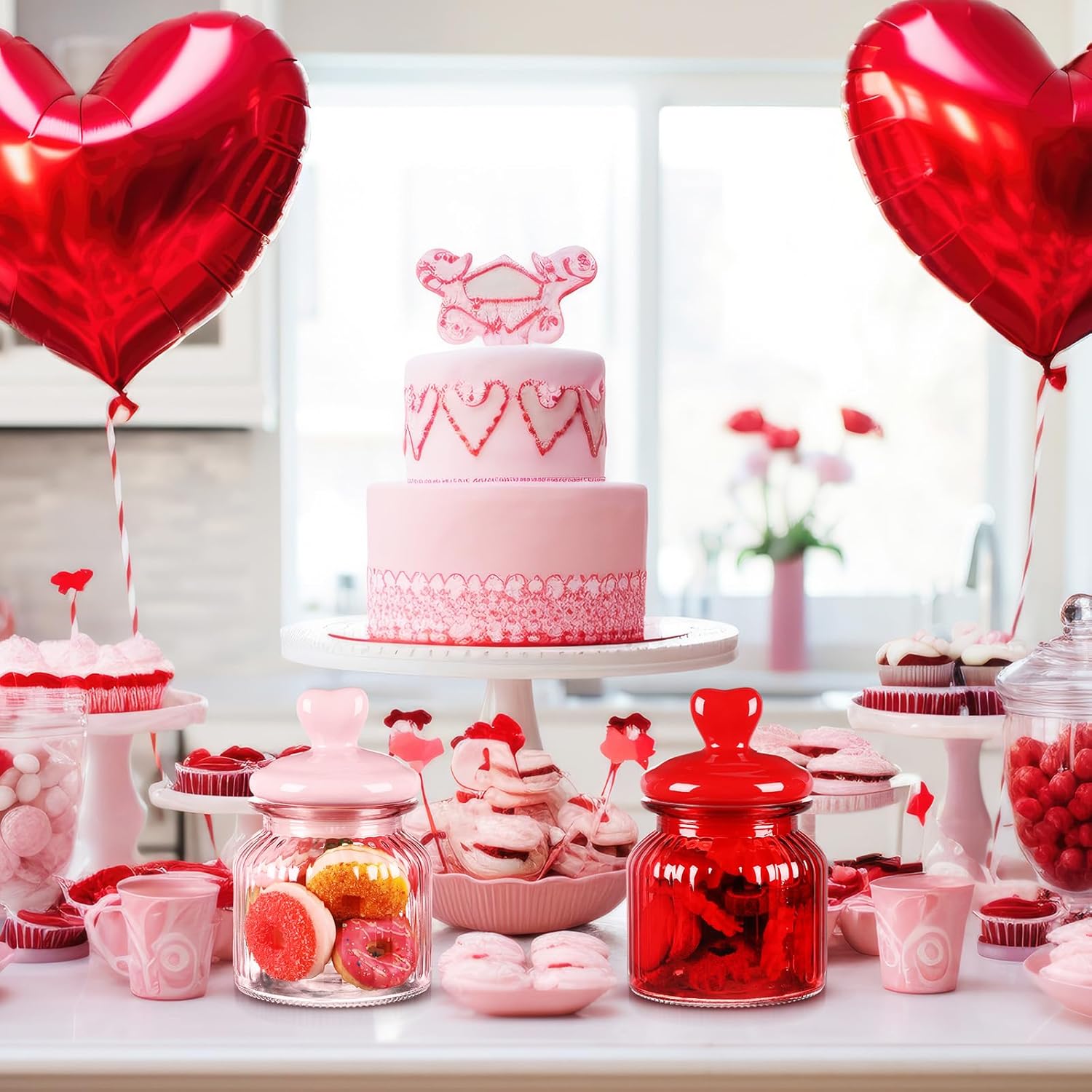 4 Pcs Valentine'S Glass Jars With Heart Lids 22Oz Pink Red Cookie Storage Jars 6.3" X 3.94" Candy Containers Airtight Food Storage Containers For Kitchen And Dining Room Decoration