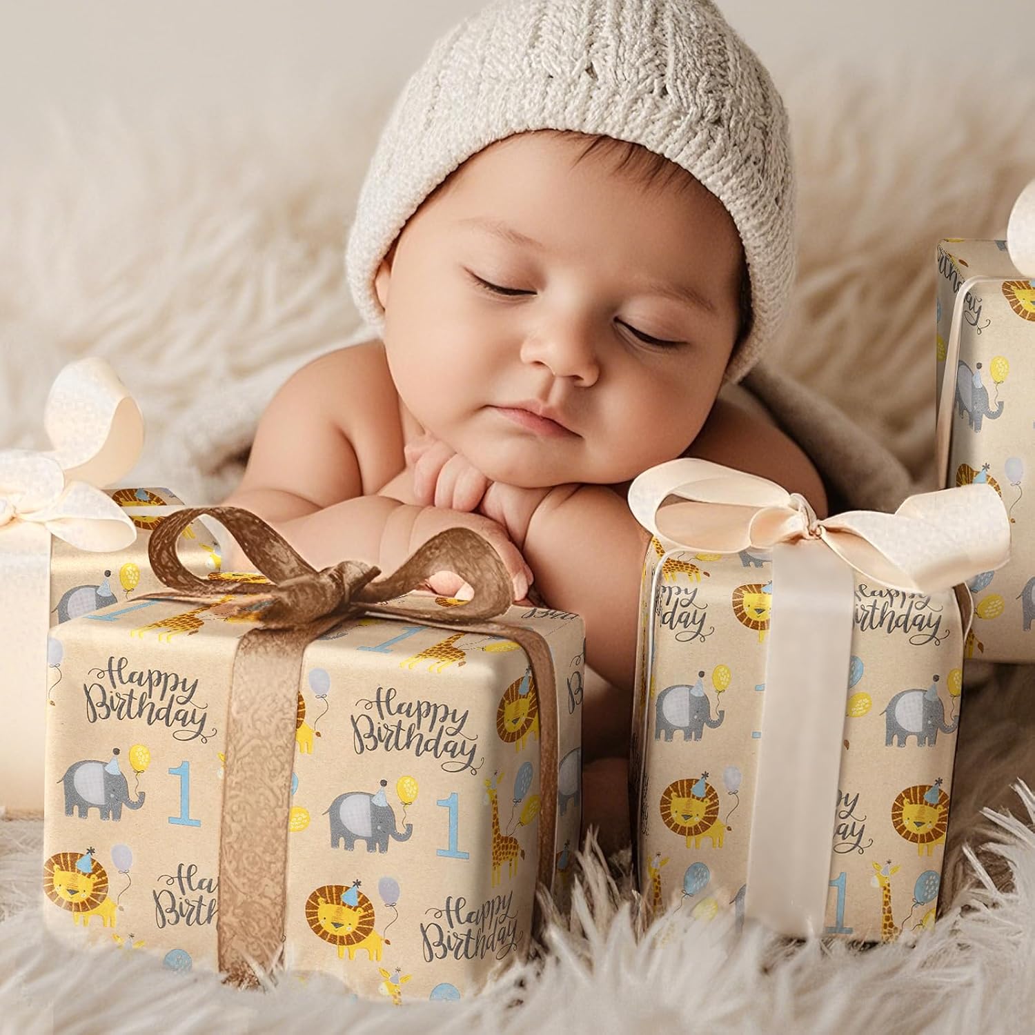 1St Birthday Wrapping Paper Roll, Mini Roll, Jungle Animal Gift Wrap Paper, Cute Lion, Elephants, Giraffe Kraft Paper For Age 1 Kids, Baby Shower, Birthday And More, 17.5 Inches X 16.4 Feet