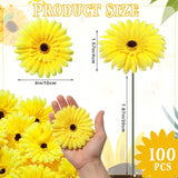 100 Pcs Flowers Long Stem Artificial Daisy, 4 Inches Silk Gerbera Head Flowers Fake For Wedding Bridal Bouquet Home Floral Diy Day Of The Dead Tables Centerpieces Party Decoration (Yellow)