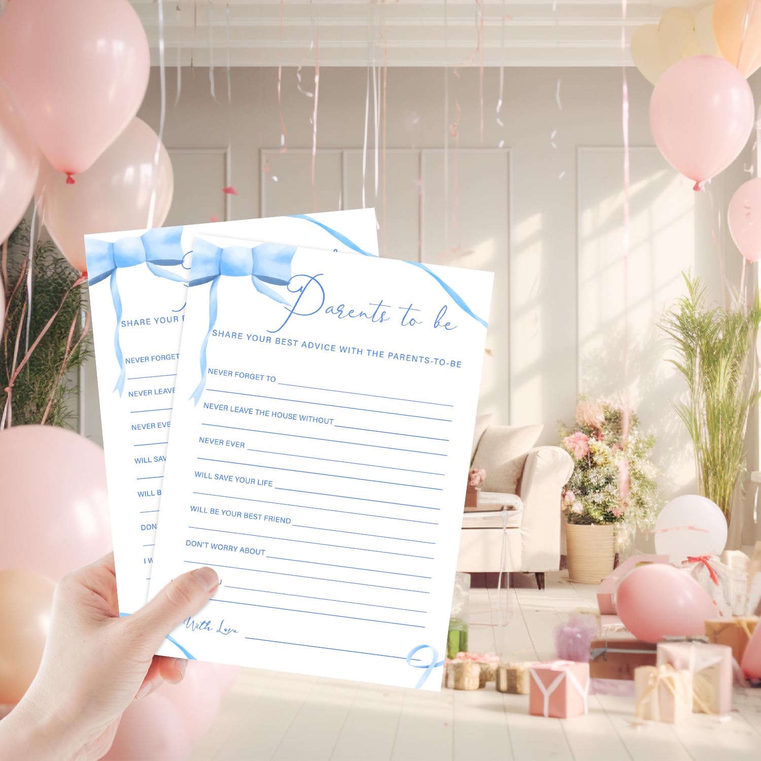 Blue Bow Baby Shower Games For Boys, Parents To Be Game Cards, Baby Shower Activity Gender Reveal Games Party Supplies, 30 Double-Sided Game Card Set -B17