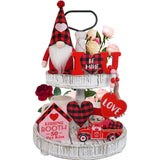Valentines Day Decor, 6Pcs Valentines Gnome Tiered Tray Decoration Set, Buffalo Plaid Valentine Gnome Plush, 3 Valentine Wooden Signs, Valentine Bead Garland, Farmhouse Valentine Kitchech Decor