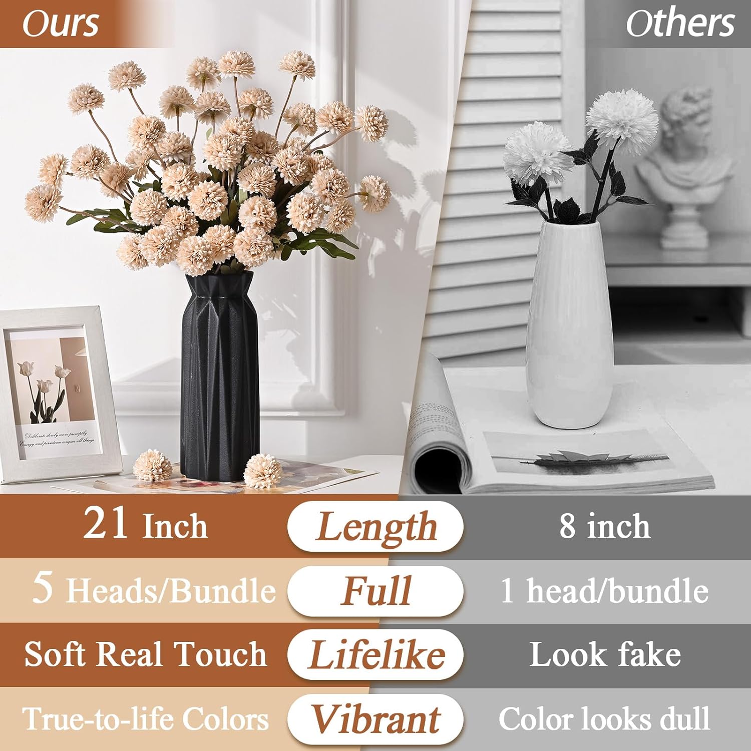 6Pcs Fake Flowers Faux Silk Pompon Mums, Bulk Fake Mini Chrysanthemums With Stems, Artificial Kiku Flowers For Vase Diy Centerpieces Bouquet Floral Arrangements Decorations, Beige