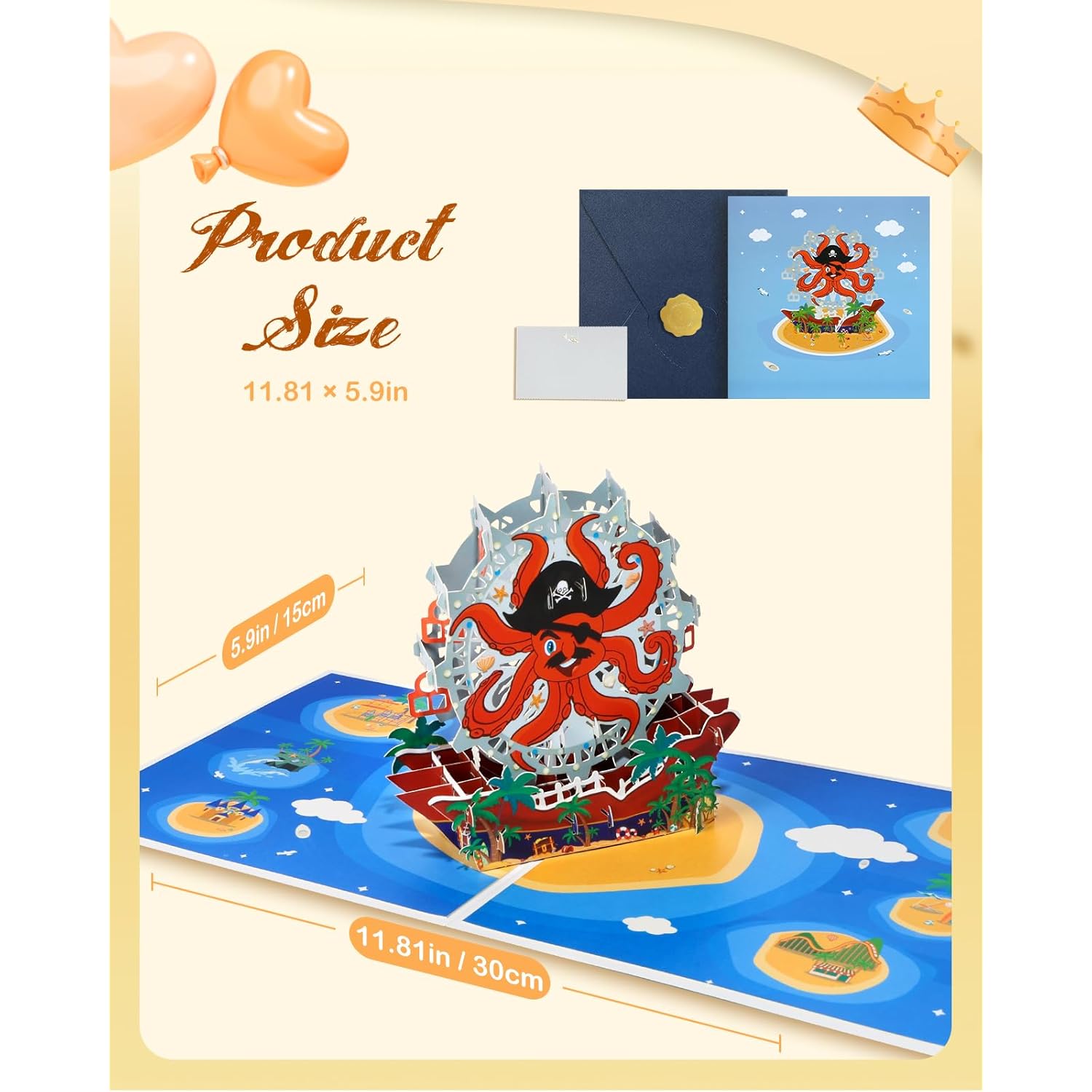 Octopus Pop Up Card With Envelope - Cool Pirate Captain Fun 3D Card For All Occasion Birthday Christmas Valentines Easter With Blank Note, Surprise Gifts For Boys Kids Son Brother Friends