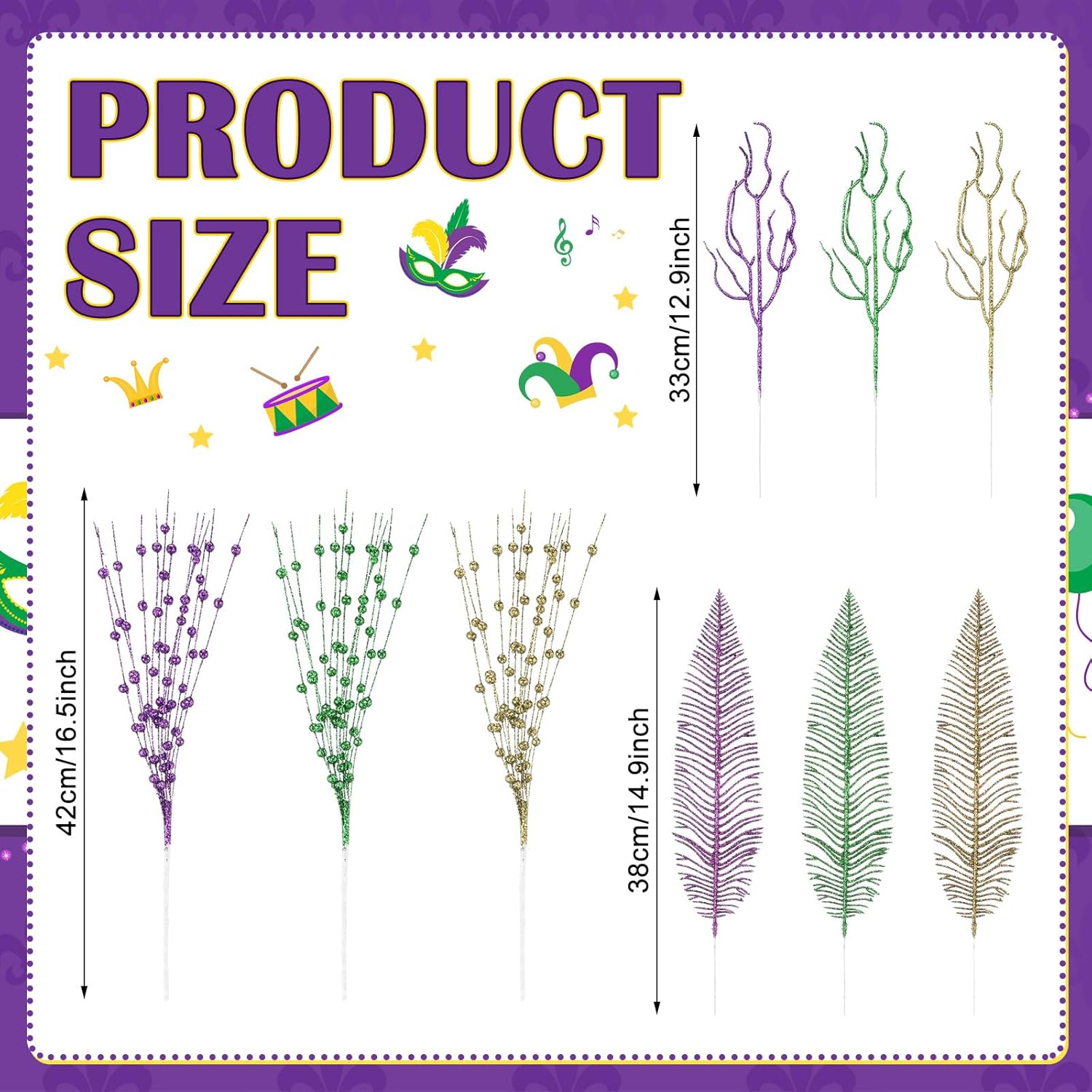 18 Pcs Mardi Gras Glitter Tree Picks Purple Gold Green Centerpiece Table Decor 17.7 Inch Mardi Gras Tree Topper Decor Branches Ornaments Carnival Decoration(Novelty)