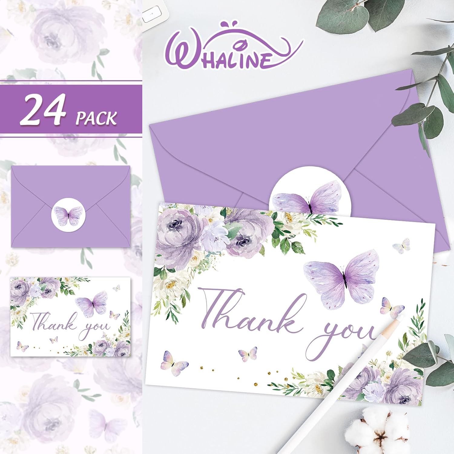 24Pcs Floral Butterfly Thank You Cards Purple Flower Greeting Cards With Envelope Stickers Spring Watercolor Blank Note Cards For Birthday Wedding Baby Shower Bridal Shower, 4 X 6 Inch