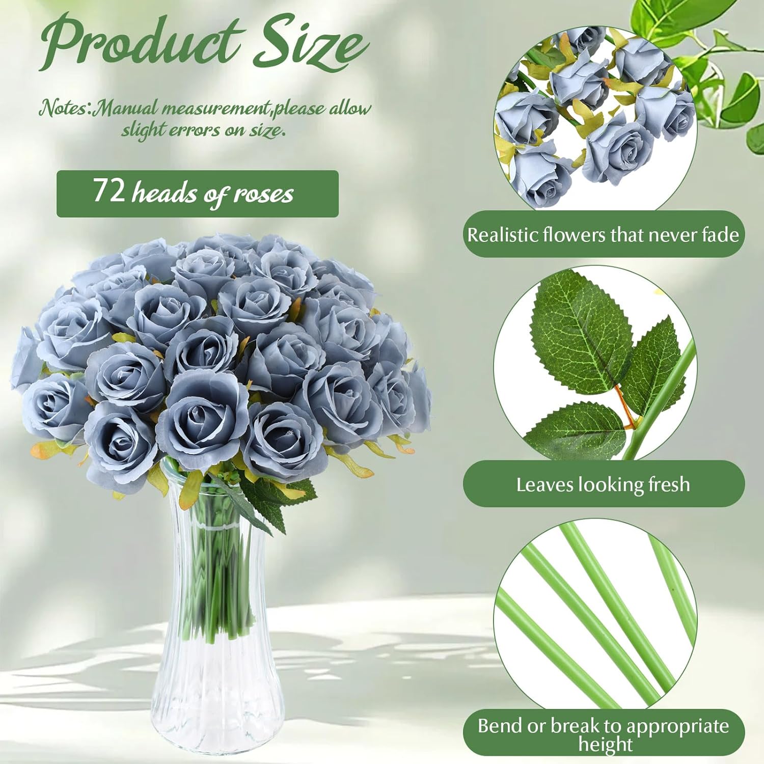 72 Heads Dusty Blue Artificial Rose Flowers 6 Bouquet Wedding Decoration Faux Flower Arrangement Bouquet With Stem Bridal Shower Gift Floral Centerpiece For Tables