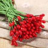 100Pcs Artificial Round Flower Stamens Red Double Sided Holly Berries On Wire Wrapped Craft Diy