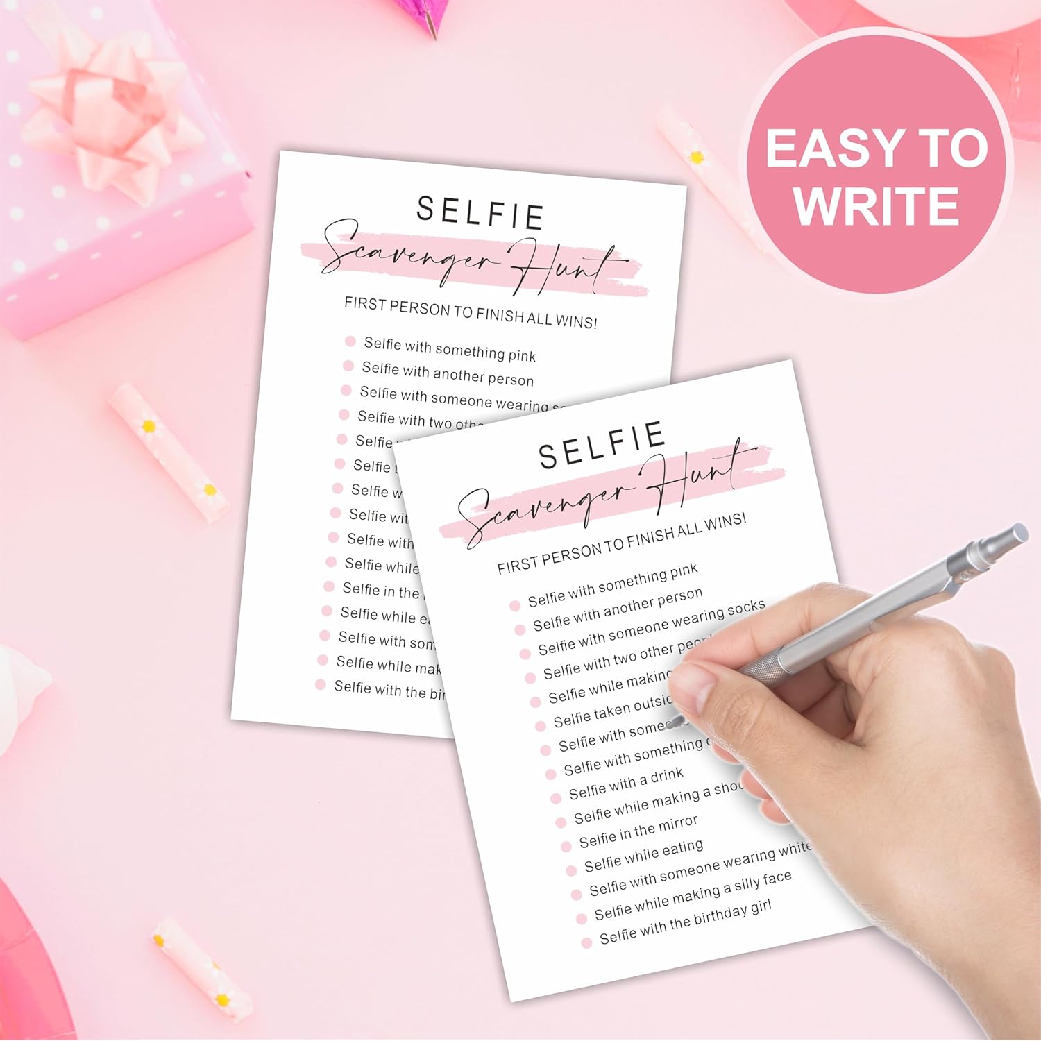 Minimalism Birthday Party Game Cards - Selfie Scavenger Hunt - 20 Blush Double-Sided Fill In Style Funny Birthday Party Game Cards For Adults, Party Supplies & Activities - A02