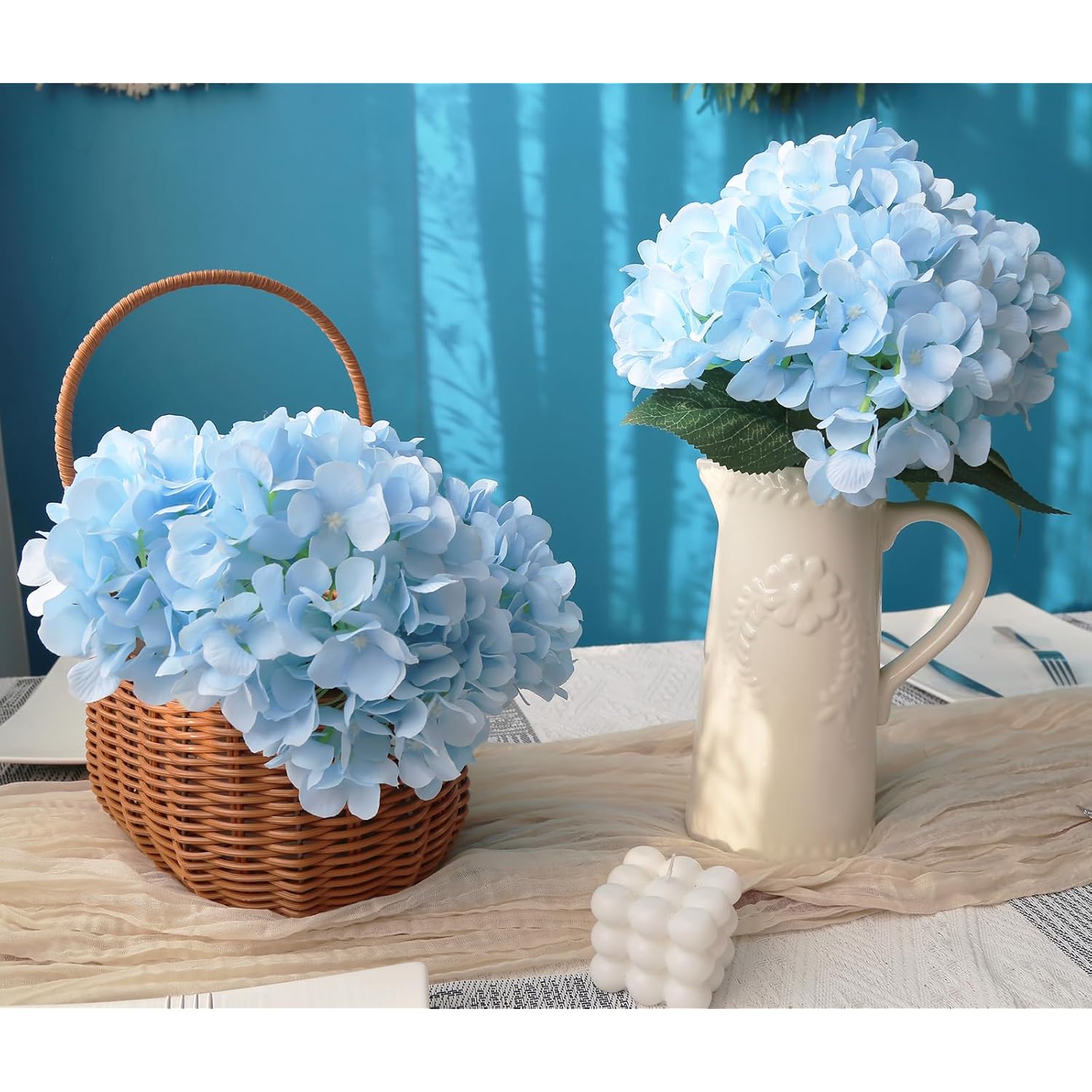 18.8 In Light Blue Hydrangea Flowers, 2Pcs Silk Artificial Flowers Large Faux Hydrangea Bouquets For Home Wedding Decor Table Centerpieces Floral Arrangements (Light Blue)
